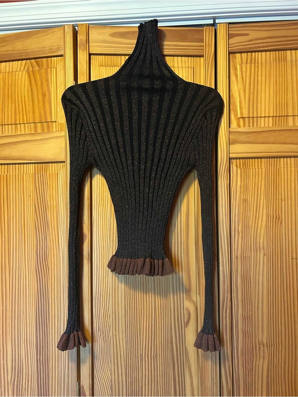 Zara Stretchy Ribbed Long-Sleeve Women's Sweater in Black with Brown Accents